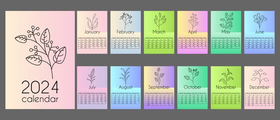 Abstract calendar of 2024 in vertical A4 format.12 months and cover. Gradients background with  linear floral elements. With place for notes. Week starts on Monday.