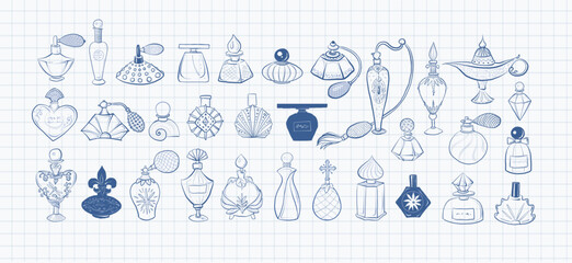 Collection of doodle vintage perfume bottles on lined paper background. Vector sketch illustration