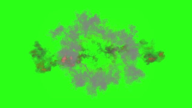 Violent explosion with short duration fire and cloud of smoke on black png and green screen or chroma key. Flame effect can be used for detonation explosives, bomb, weapons, radioactivity.