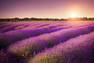 Obraz na płótnie Canvas Purple lavender fields in bloom, hot air balloons in background, generative ai