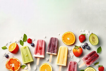 Ice cream popsicles with fruit, berries and ice, top view, flat lay. Summer dessert, frozen fruit juice. AI generated image