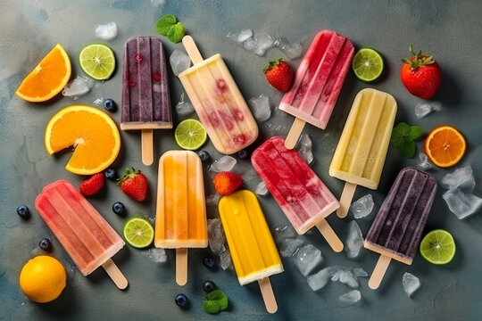 Ice cream popsicles with fruit, berries and ice, top view, flat lay. Summer dessert, frozen fruit juice. AI generated image
