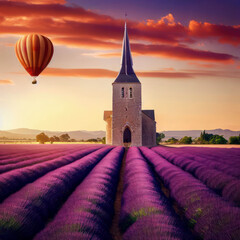 Purple lavender fields in bloom with a stone church in background, generative ai