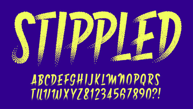 A casual script style alphabet with the effect of stippled or dot pattern strokes that fade at the ends.