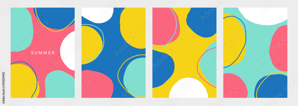 Poster summer vibes set for social media posts with bright colors and circle shapes. template for creative 