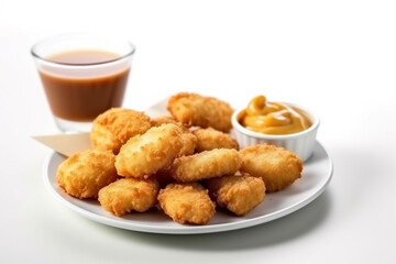 Chicken nuggets with dipping sauce and a soda