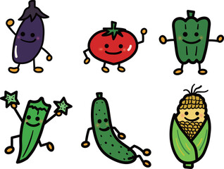 かわいい夏野菜たちのキャラクターポーズ集（主線あり）