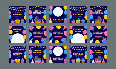 happy birthday social media post vector flat design set