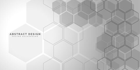 Geometric themed screen illustration design, hexagon design. Light grey tech background with hexagons. Vector illustration.