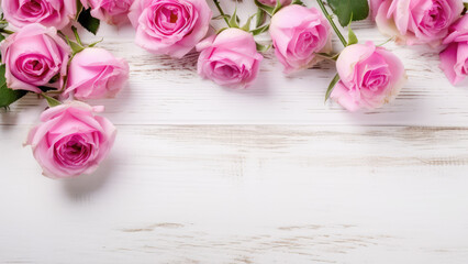 Pink rose flowers and leaf Border surrounding on a white light green Wooden Tabletop, Highlighting the Soft and Selective Elements of Flower Border Art. Generative ai
