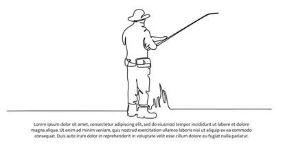 One line continuous of fishing man. Fishing on the river. Minimalist style vector illustration in white background.