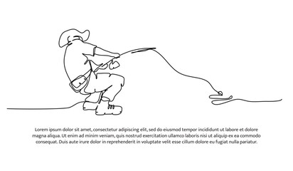 One line continuous of fishing. A man pulled the fishing rod with all his might. Minimalist style vector illustration in white background.