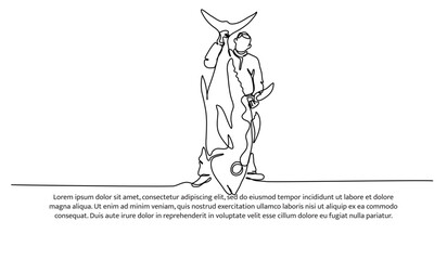 One continuous line of a young man holding up a large tuna fish. Minimalist style vector illustration on white background.