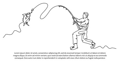 One line continuous of fishing. A man pulled the fishing rod with all his might. Minimalist style vector illustration in white background.