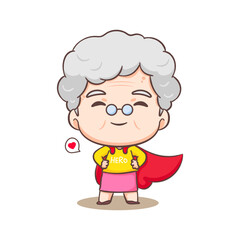 Cute Grandmother cartoon character being super hero. People Concept design. Flat adorable chibi vector illustration. Isolated white background