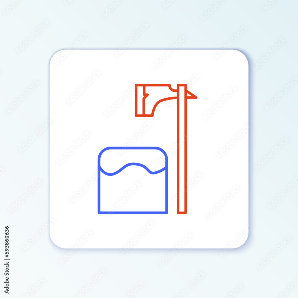 Poster line executioner axe in tree block icon isolated on white background. hangman, torturer, executor, t