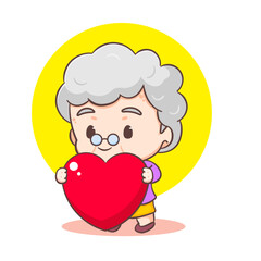 Cute Grandmother cartoon character Holding big Love. People Concept design. Flat adorable chibi vector illustration. Isolated white background