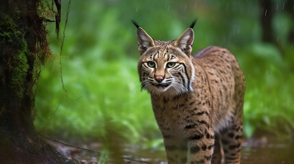 Naklejka na ściany i meble A bobcat sitting in the jungle with the rain falling