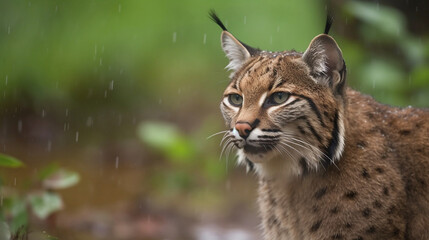 Naklejka premium A bobcat sitting in the jungle with the rain falling