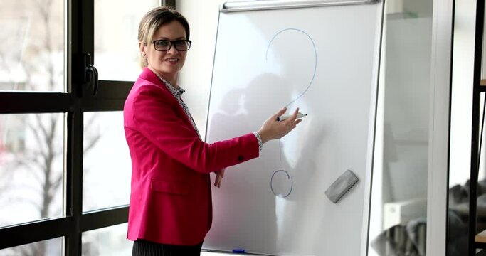 Seo manager woman drawing on whiteboard with question mark in office. Concept of business questions and finding solutions