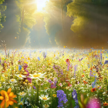 Beautiful blossoming flower meadow in spring surrounded by a sunny forest, superbloom, generative AI. © SvetlanaSF