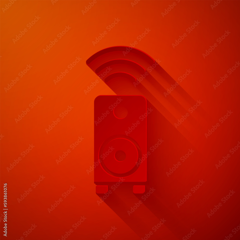 Poster paper cut smart stereo speaker system icon isolated on red background. sound system speakers. intern