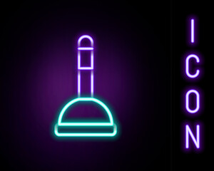 Glowing neon line Rubber plunger with wooden handle for pipe cleaning icon isolated on black background. Toilet plunger. Colorful outline concept. Vector