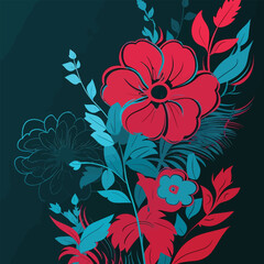 Whimsical Flora: A Bold and Bright Botanical Artwork in Red and Cyan