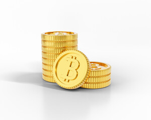 Golden Bitcoin, Bitcoin 3D model Clear background PNG, Bitcoin golden 3D model, Cryptocurrency coin 3D rendering, Bitcoin concept, Bitcoin isolated on white background Clear background.