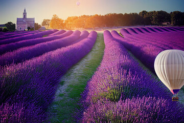 Obraz na płótnie Canvas Purple lavender fields in bloom with a stone church in background, generative ai