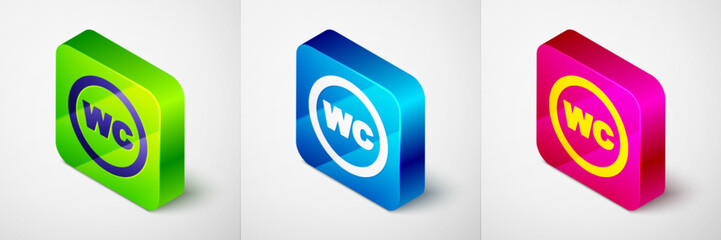 Isometric Toilet icon isolated on grey background. WC sign. Washroom. Square button. Vector