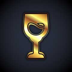 Gold Wine glass icon isolated on black background. Wineglass sign. Vector