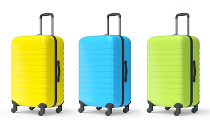 Set of luggage with beach accessories for summer holidays on white background.