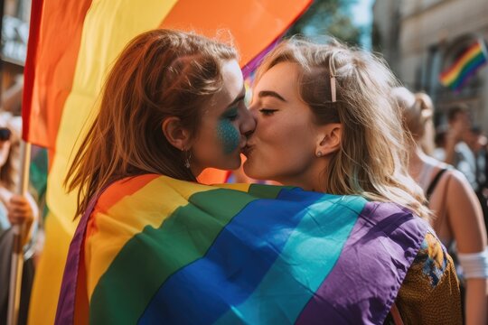 Gay women lesbian couple kissing covered with LGBT rainbow flag.LGBT Pride Month celebration generative ai