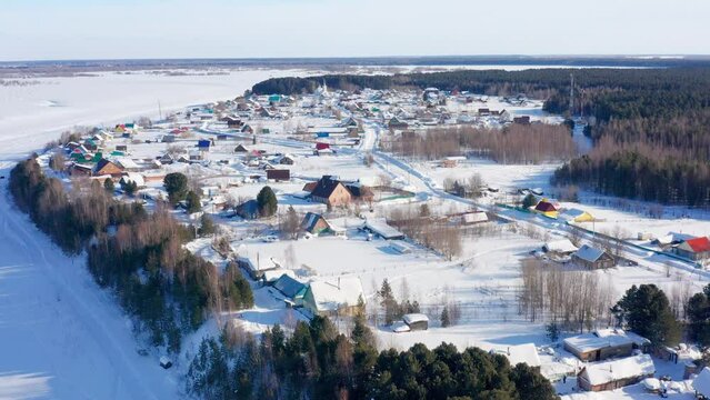 Western Siberia, Khanty-Mansi Autonomous Okrug, Tundrino village. Aerial view.