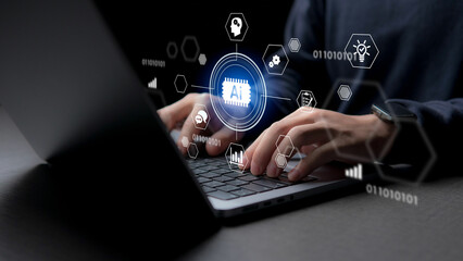 Chat Bot Chat with AI or Artificial Intelligence technology. Bussines man using a laptop computer...