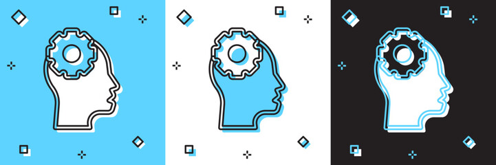 Set Human head with gear inside icon isolated on blue and white, black background. Artificial intelligence. Thinking brain. Symbol work of brain. Vector