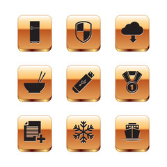 Set Refrigerator, Add new file, Snowflake, USB flash drive, Bowl with chopsticks and Cloud download icon. Vector