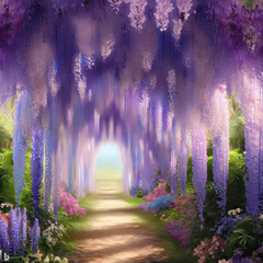 Blooming wisteria tunnel in a garden, hanging purple flowers, generative ai