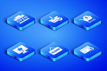 Set Credit card and dollar, Shopping building open, Hanging sign with Closed, Monitor shopping basket, check mark and cart icon. Vector