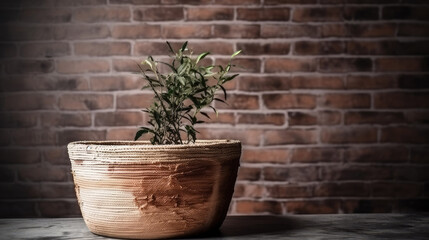 dried plant pot on brick wall texture background with Generative AI Technology