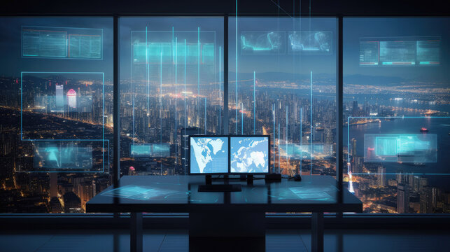 Digital composite image of screens with data processing against cityscape with Generative AI Technology