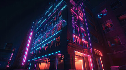 Light Trial effect way with dark neon building technology background with Generative AI Technology
