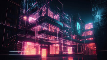 Light Trial effect way with dark neon building technology background with Generative AI Technology