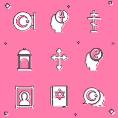 Set Star and crescent, Cross ankh, Christian cross, Muslim Mosque, Yin Yang, icon and Jewish torah book icon. Vector