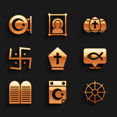 Set Pope hat, Star and crescent, Dharma wheel, Christian fish, The commandments, Hindu swastika, Easter egg and icon. Vector