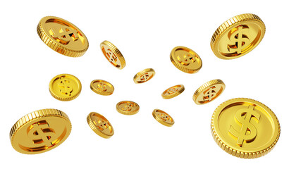 Falling or flying coins, Golden dollar coins rain Clear background, 3D gold coins explosion, win the game, floating gold coins, 3D Model coins 3d Illustration.