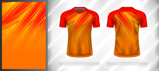 Vector sport pattern design template for V-neck T-shirt front and back with short sleeve view mockup. Shades of red-orange-yellow color gradient abstract line texture background illustration.