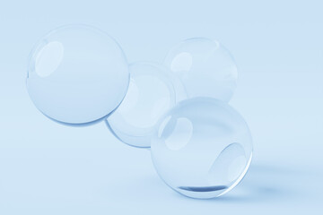 3d illustration of a transparent metaball with a huge number of parts on a blue background. Digital metaball background of flying overflowing into each other shiny spheres.