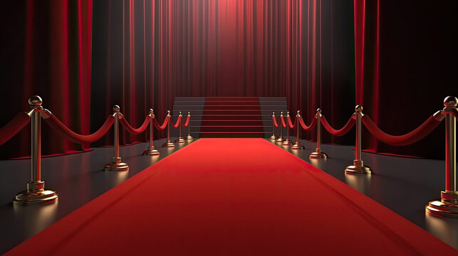 red carpet and rope barrier with red curtain background